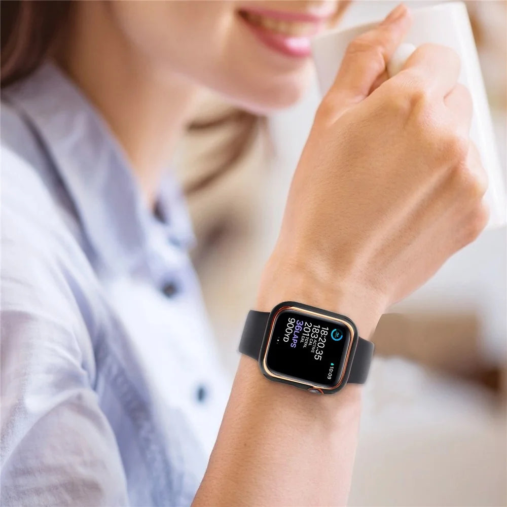 For Apple Watch Series 9 / 8 / 7 45mm Dual Color Electroplating Watch Case Built-in Tempered Glass Screen Protector Hard PC Overall Protective Cover - Black / Gold - 6