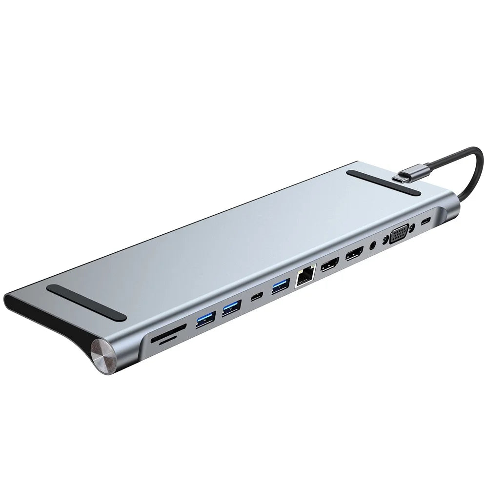 2003U2 Multi-Port 12-in-1 USB-C Docking Station Mini Metal USB Hub Converter Portable Type-C Adapter Support Dual HD 4K  /  30Hz, PD 100W, VGA, RJ45 100Mbps - 2