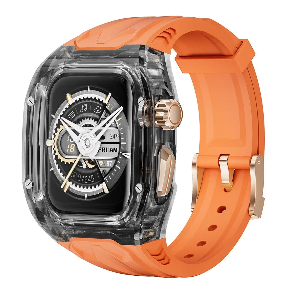 For Apple Watch Series 9 8 7 41mm / Series 6 5 4 SE 40mm TPU Watch Band with PC Case - Orange+Transparent Black - 3