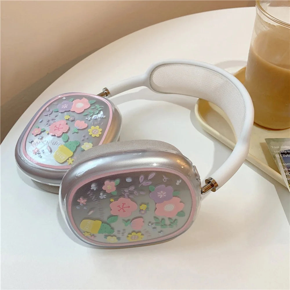 1Pair Protective Case for AirPods Max with USB-C / Max Headphone Drop-Resistance TPU Sleeve - Pink / Purple Flower - 4