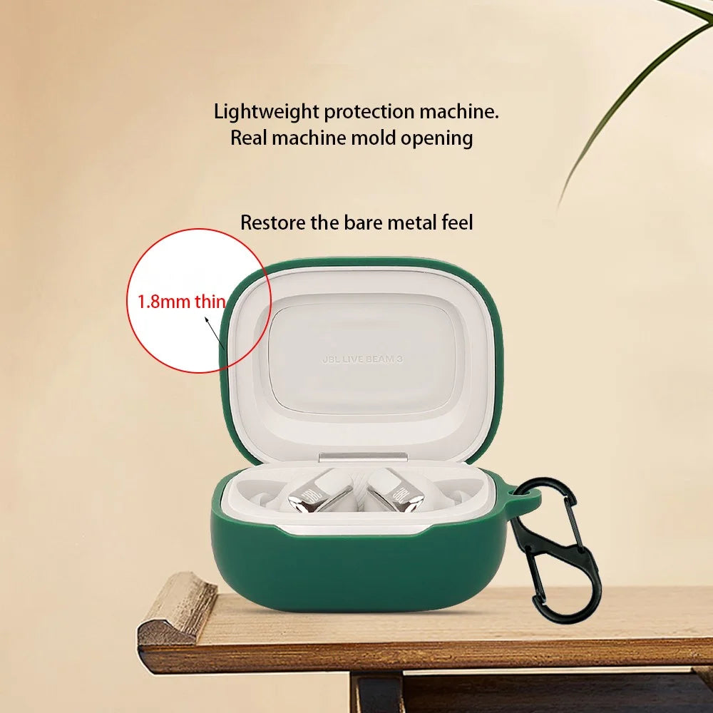 For JBL Live Beam 3 Silicone Case Bluetooth-compatible Earphone Protective Cover with Hanging Buckle - Blackish Green - 2
