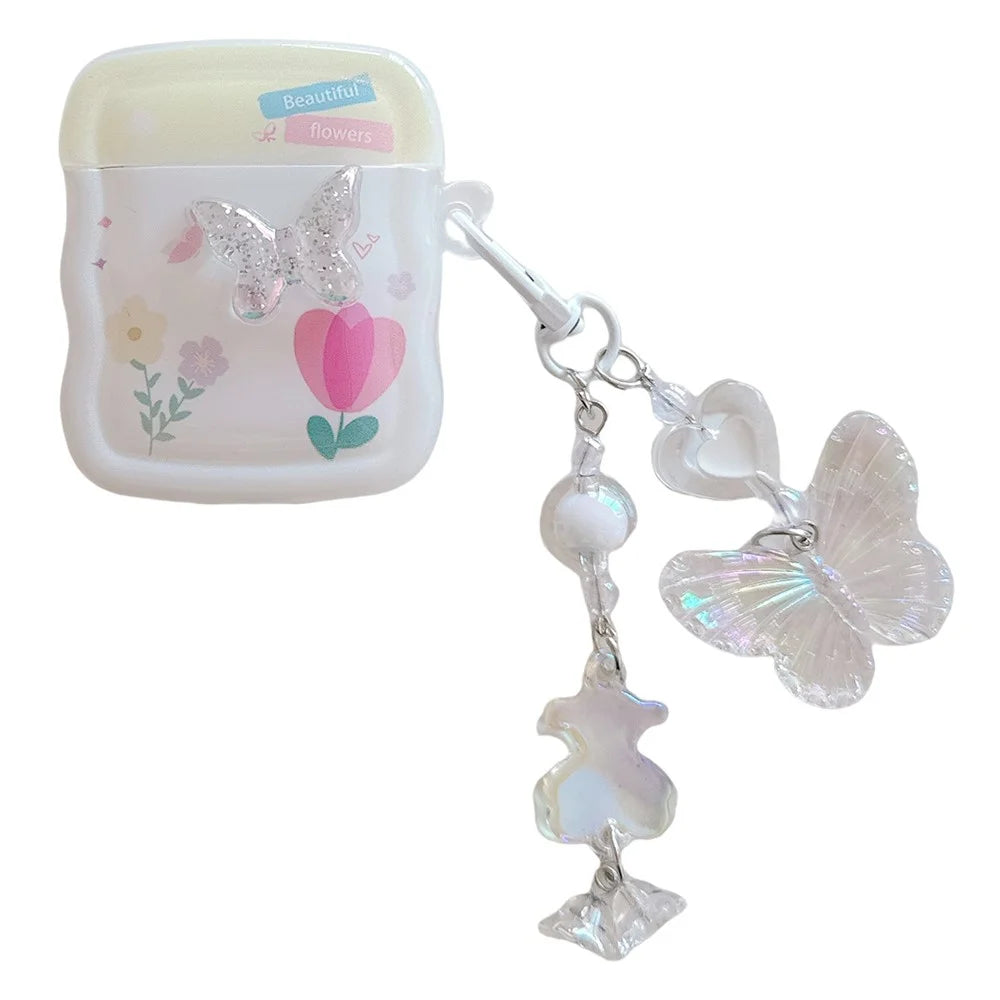 For Apple AirPods with Wireless Charging Case (2019) / AirPods with Charging Case (2019) / (2016) Butterfly and Flower TPU Case with Pendant - 1
