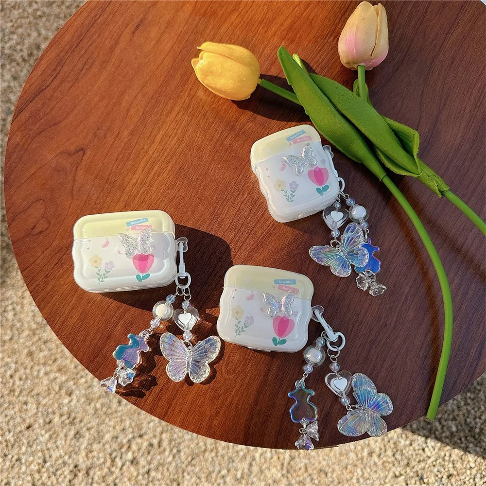 For Apple AirPods with Wireless Charging Case (2019) / AirPods with Charging Case (2019) / (2016) Butterfly and Flower TPU Case with Pendant - 4