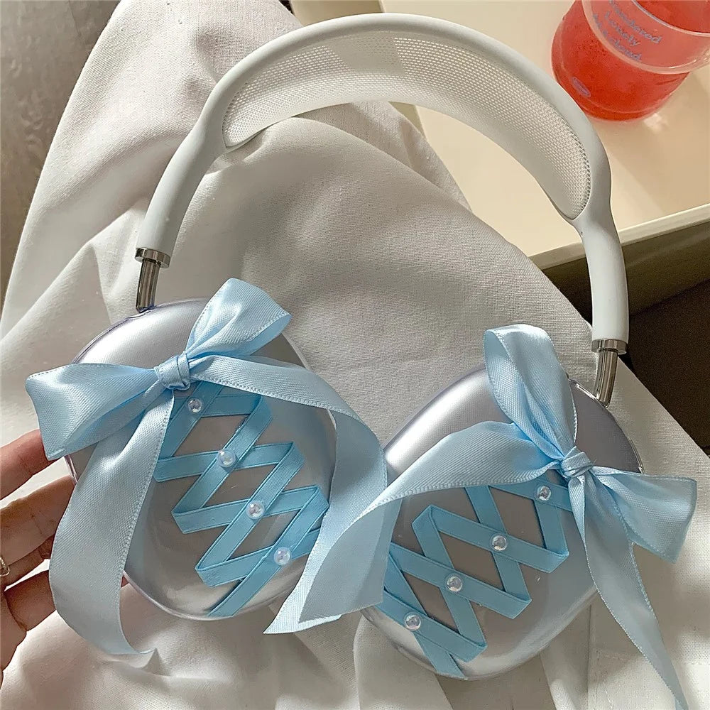 1Pair For AirPods Max Clear Case Ribbon Design Headphone TPU Sleeve - Blue - 4