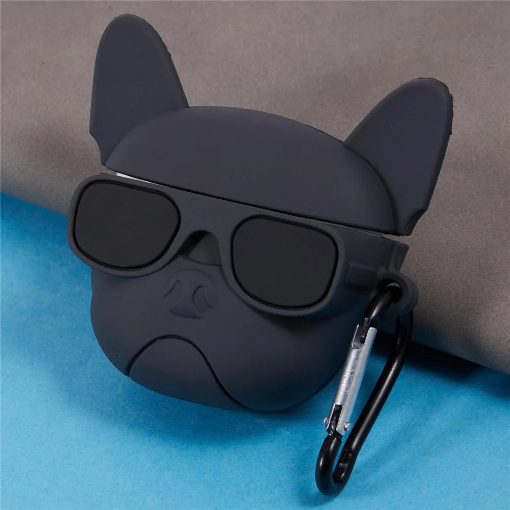 For Apple AirPods Pro Bluetooth-compatible Earphones Silicone Cover Bulldog Protective Case with Carabiner - Black - 3