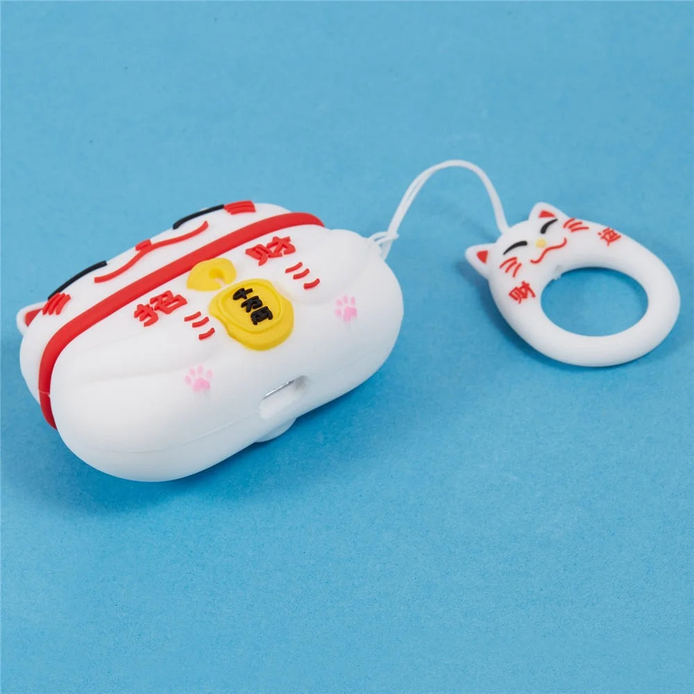 Silicone Cover for Apple AirPods Pro Bluetooth-compatible Earphones Lucky Cat Protective Case with Loop Strap - White - 6
