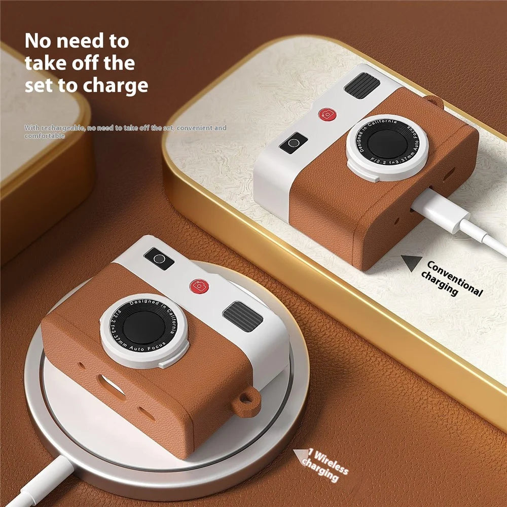 For Apple AirPods 3 Case Retro Camera Design Liquid Silicone Earbuds Carrying Cover with Carabiner - Brown - 3
