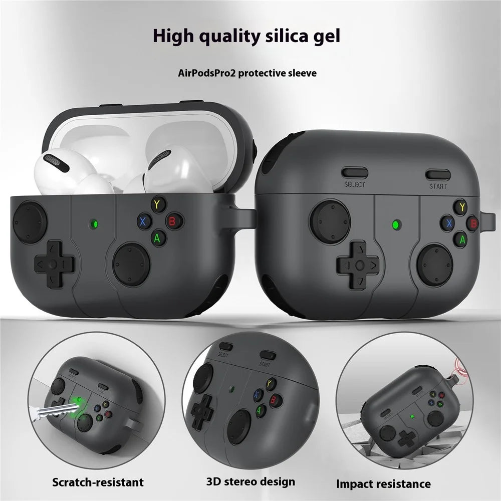 For AirPods Pro 2 / AirPods Pro Case Game Console Shape Earphones Silicone Shell with Carabiner - Grey - 2