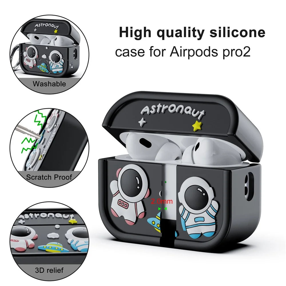 For AirPods Pro 2 Case Cute Astronaut Design Silicone Earphone Cover with Carabiner - Black - 4