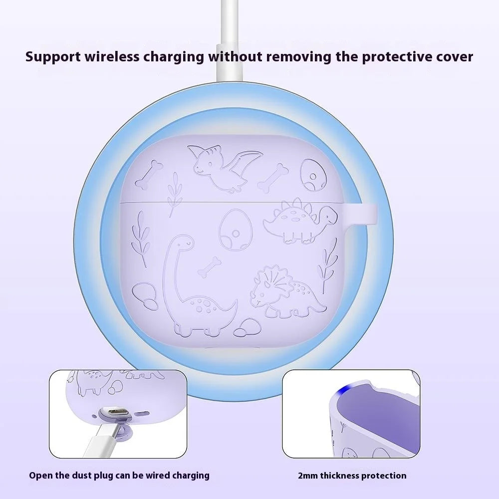For AirPods 4 Case Unique Dinosaur Design Liquid Silicone Earphone Cover with Carabiner - Light Pink - 3