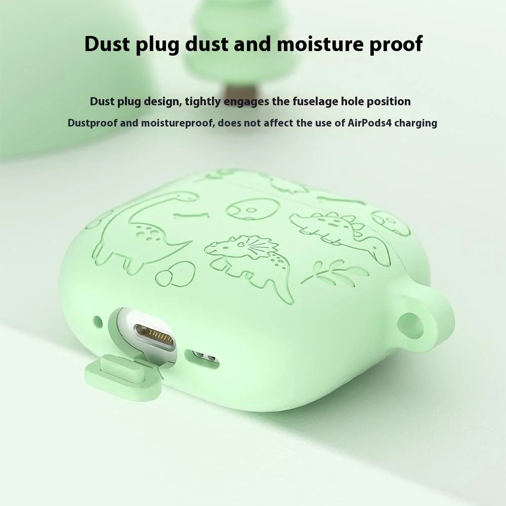 For AirPods 4 Case Unique Dinosaur Design Liquid Silicone Earphone Cover with Carabiner - Light Pink - 5