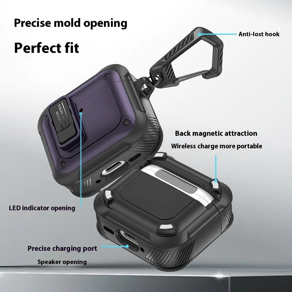 For AirPods 4 Earbuds Case PC+TPU Shockproof Full Body Protective Magnetic Cover with Carabiner - Black - 7