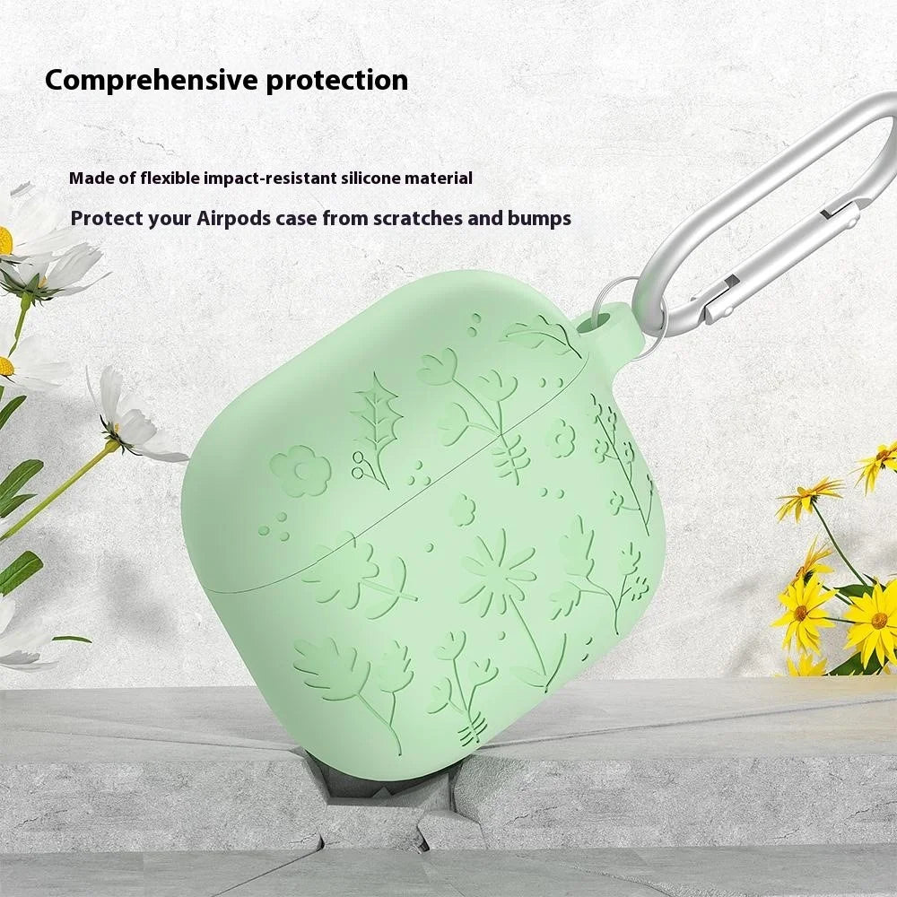 For AirPods 4 Case Floral Pattern Liquid Silicone Earphone Cover with Carabiner - Matcha Green - 2