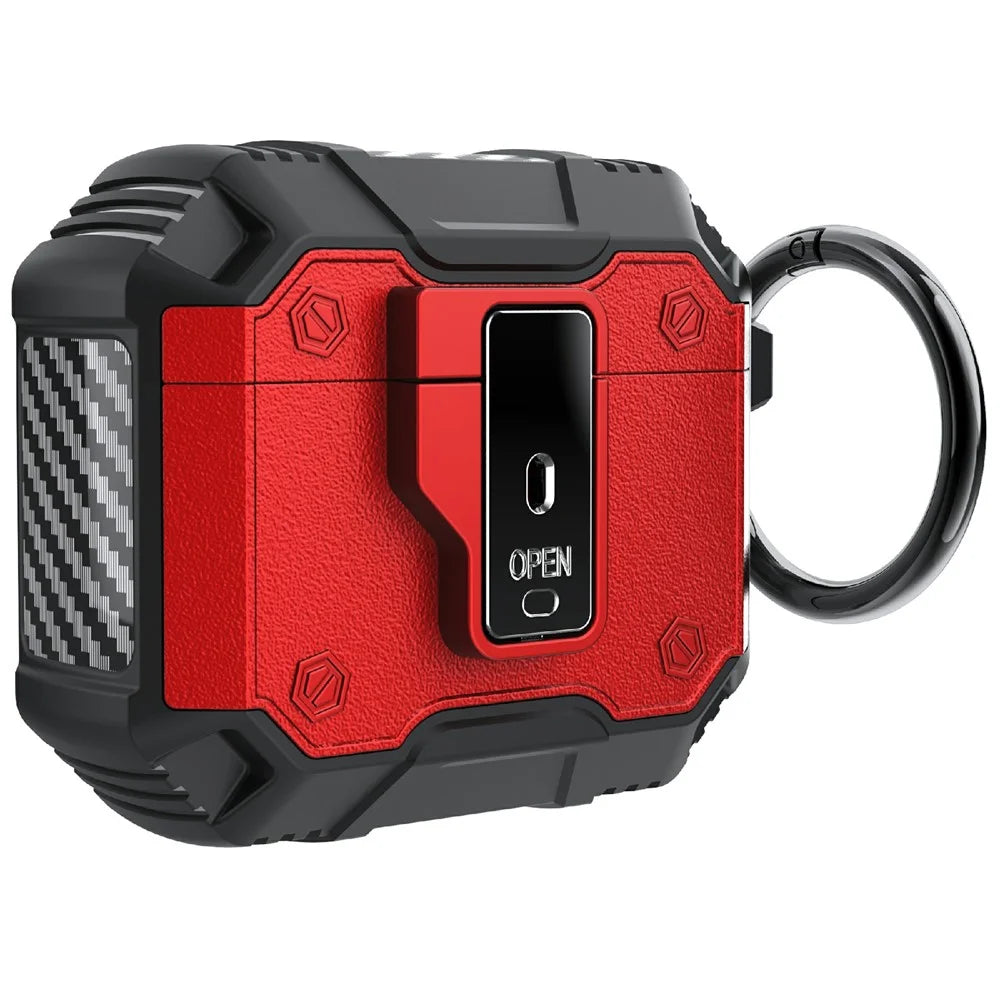 For AirPods 4 Charging Case Cover Button Lock TPU+PC Bluetooth-compatible Earbuds Protector with Metal Buckle - Red - 1