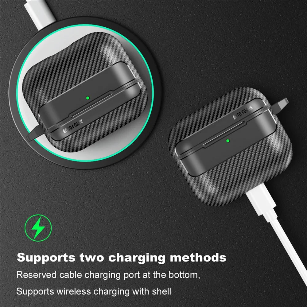 For AirPods 4 Case Carbon Fiber Texture TPU Earbuds Protective Cover with Hook - Black - 4