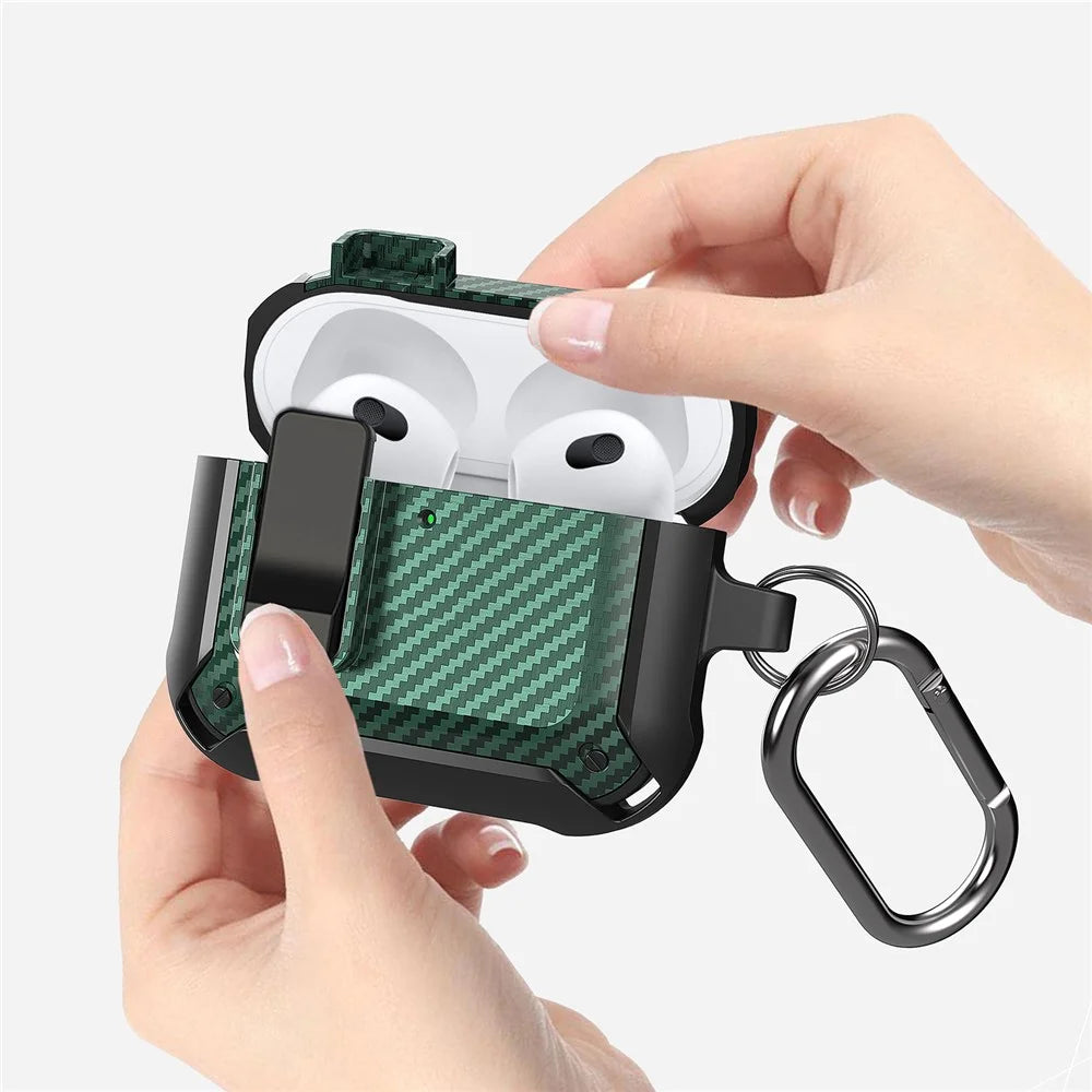 For AirPods 4 Bluetooth-compatible Earphone Cover Carbon Fiber Texture TPU+PC Anti-Drop Case with Buckle - Green - 2