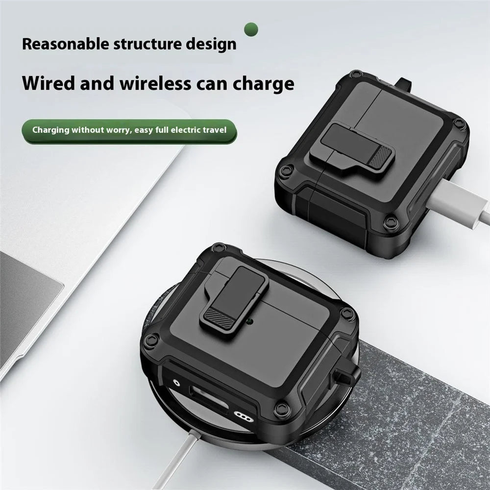 For AirPods 4 Earphone Case Automatic Eject TPU+PC Protective Cover with Carabiner - Black - 4