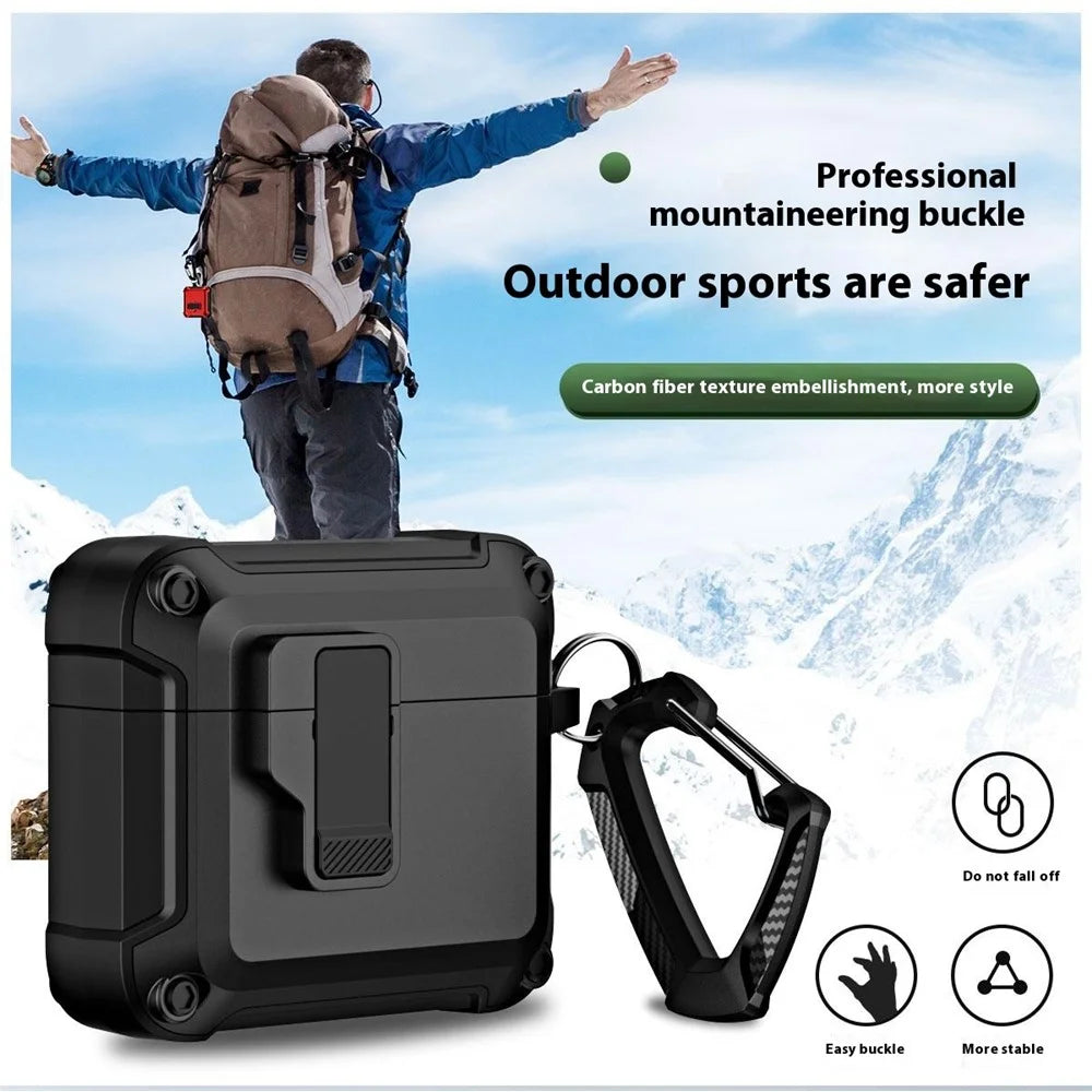 For AirPods 4 Earphone Case Automatic Eject TPU+PC Protective Cover with Carabiner - Black - 6