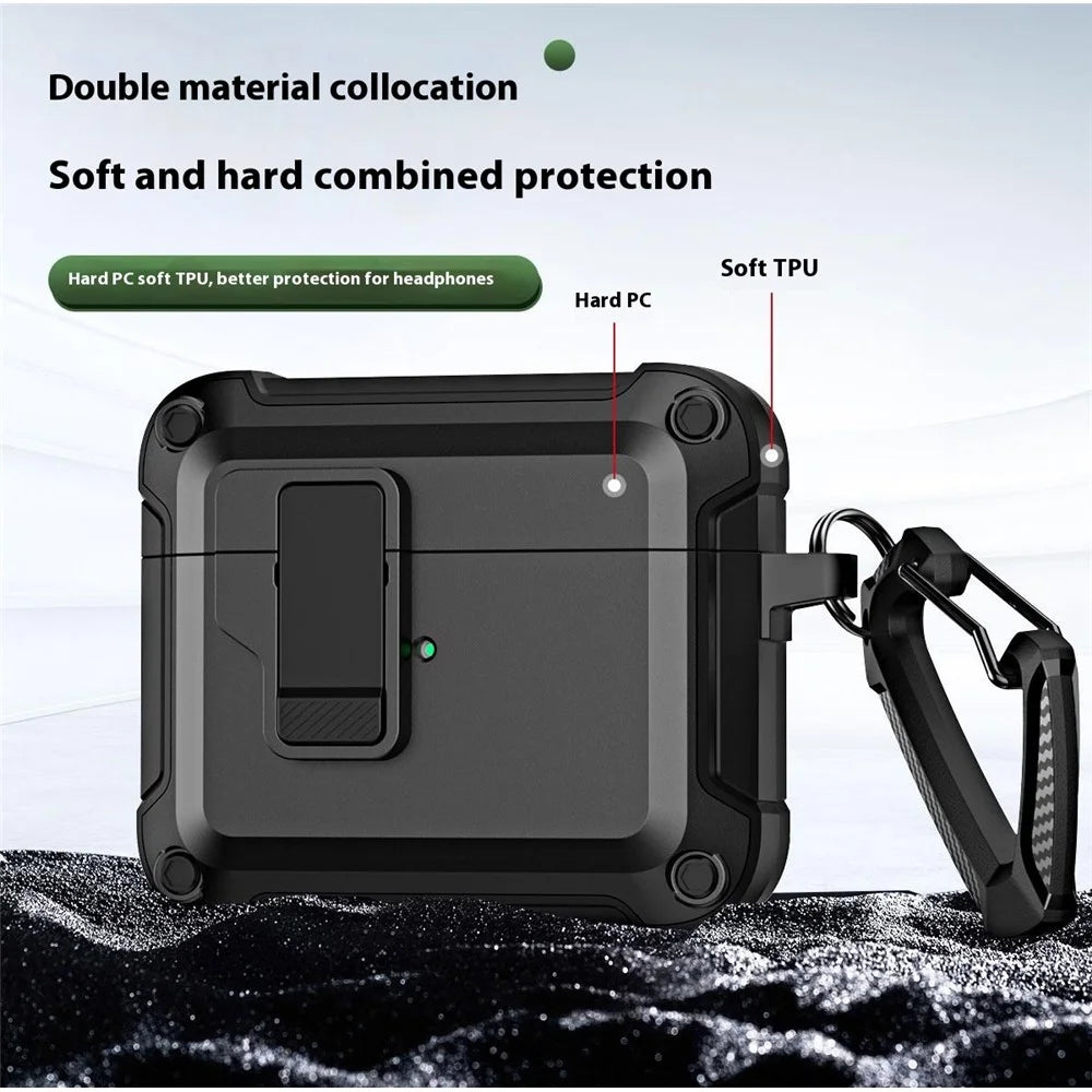 For AirPods 4 Earphone Case Automatic Eject TPU+PC Protective Cover with Carabiner - Black - 7