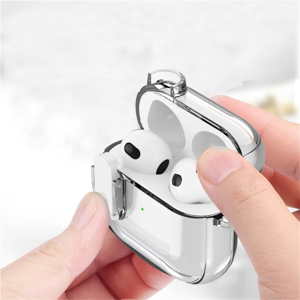 For AirPods 4 Earphone Case Buckle Design Anti-Drop TPU Earbud Cover with Carabiner - Transparent White - 3