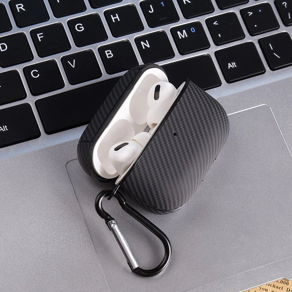 For Apple AirPods 3 Protective Cover Carbon Fiber Texture Earbuds PU Leather PC Hard Case with Hook - Black - 5