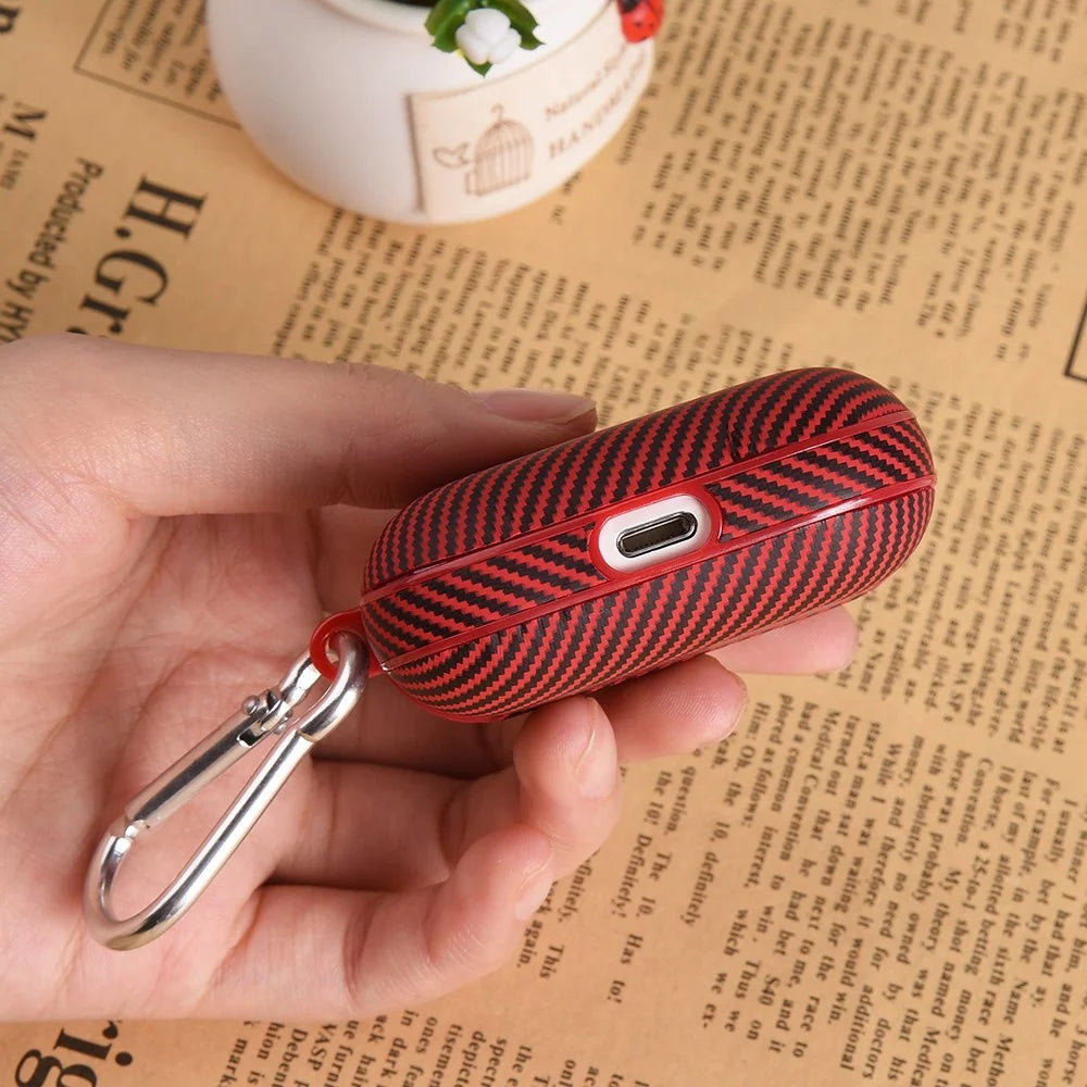 For Apple AirPods 3 Protective Cover Carbon Fiber Texture Earbuds PU Leather PC Hard Case with Hook - Black - 7