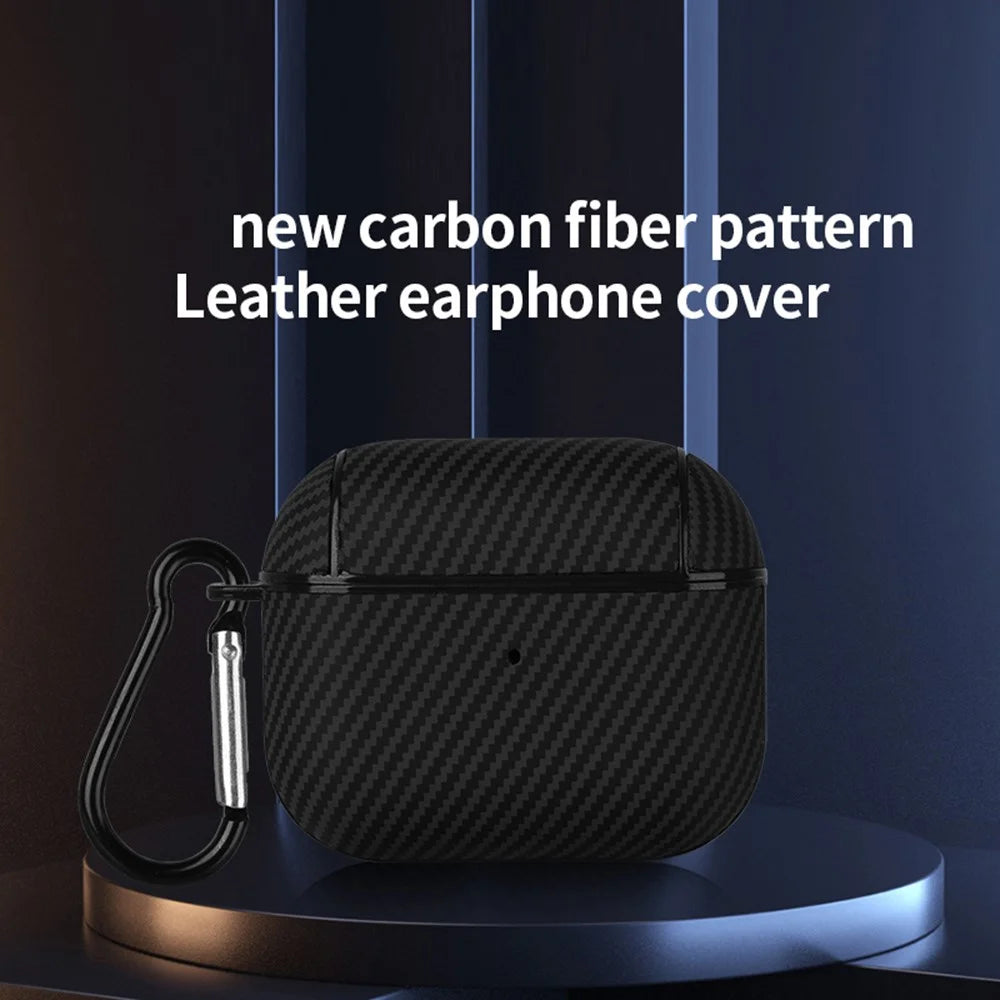 For Apple AirPods Pro Protective Cover Carbon Fiber Texture Earbuds PU Leather PC Hard Case with Hook - Black - 2