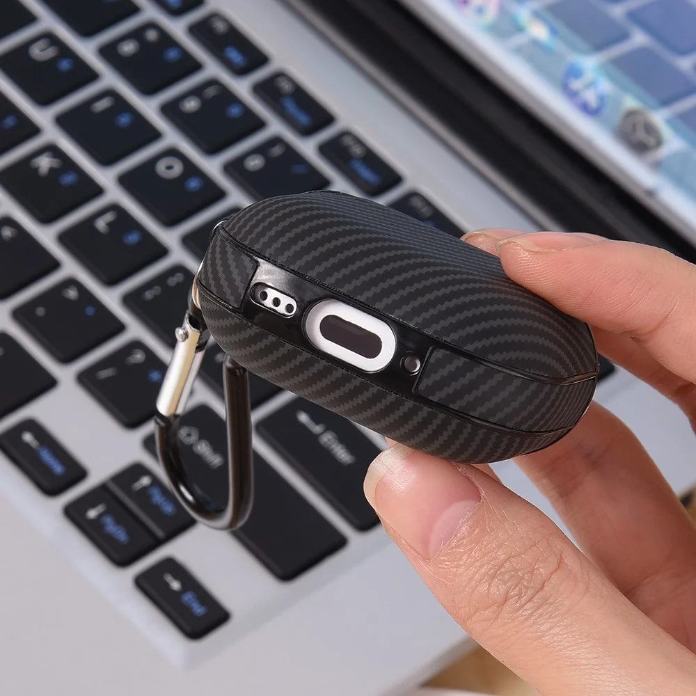 For AirPods 4 Case Carbon Fiber Texture TPU PU Earbuds Protective Cover with Hook - Black - 4