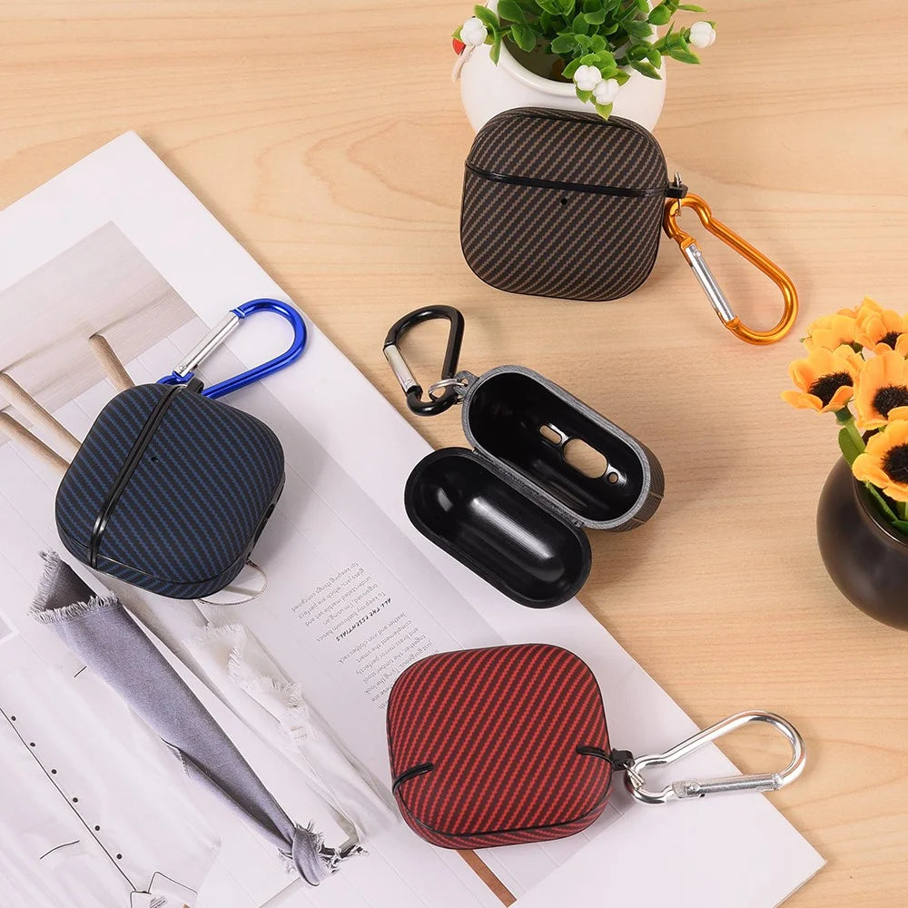 For AirPods 4 Case Carbon Fiber Texture TPU PU Earbuds Protective Cover with Hook - Black - 5