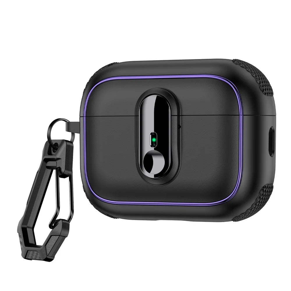 For AirPods Pro 2 Case Armor Electroplated TPU + PC Earphone Cover with Lock Buckle and Carabiner - Black - 1