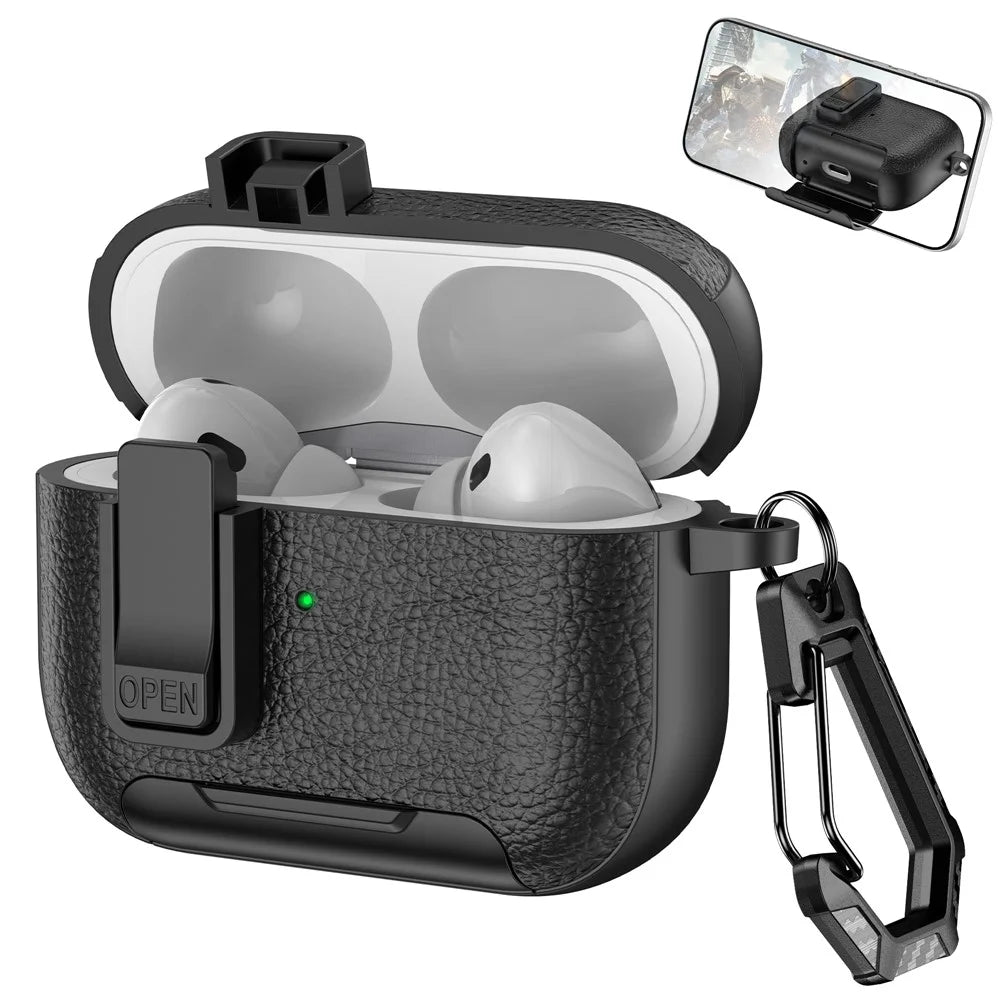 For AirPods Pro 2 Protective Case with Stand Litchi Texture Leather TPU + PC Earphone Cover with Lock Buckle and Carabiner - Black - 1