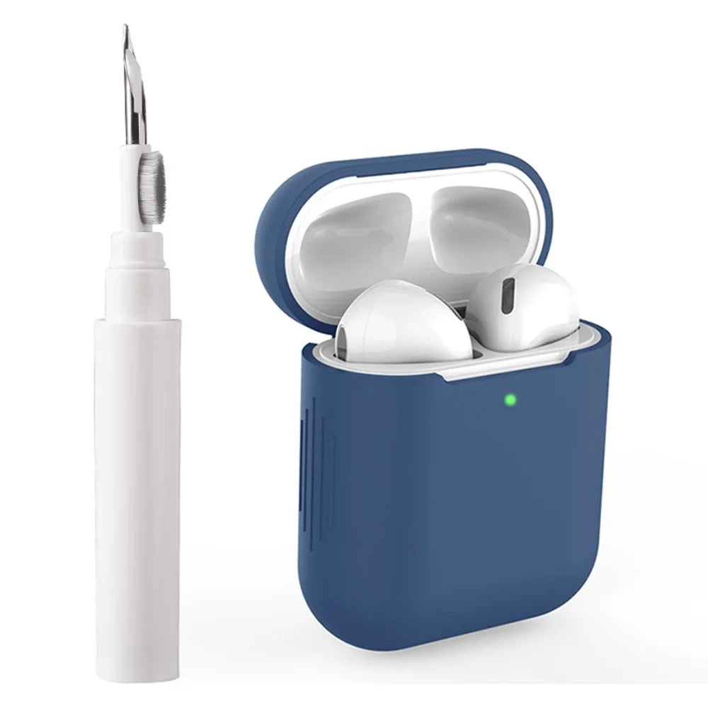For Apple AirPods with Wireless Charging Case (2019)  /  AirPods with Charging Case (2019)  /  (2016) Silicone Case with Cleaning Pen - Midnight Blue - 1