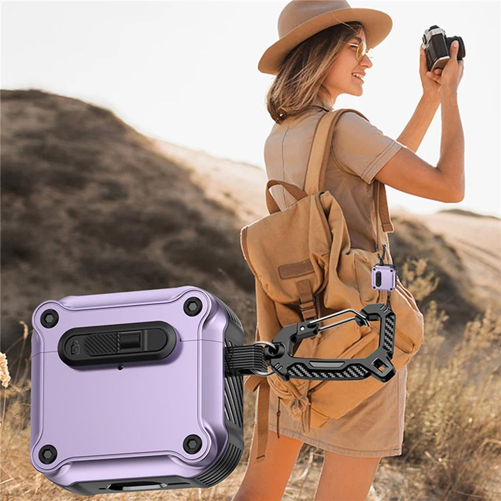 For AirPods 4 with ANC Case TPU + PC Earphone Cover with Front Lock Carabiner Clip - Purple - 4