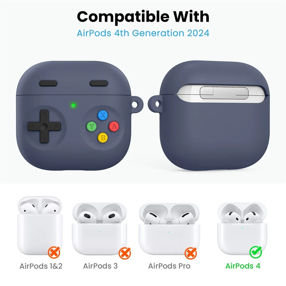 AHASTYLE PT-DD10 For AirPods 4 Silicone Case Game Console Design Split Protective Cover with Carabiner / Strap - Midnight Blue - 6
