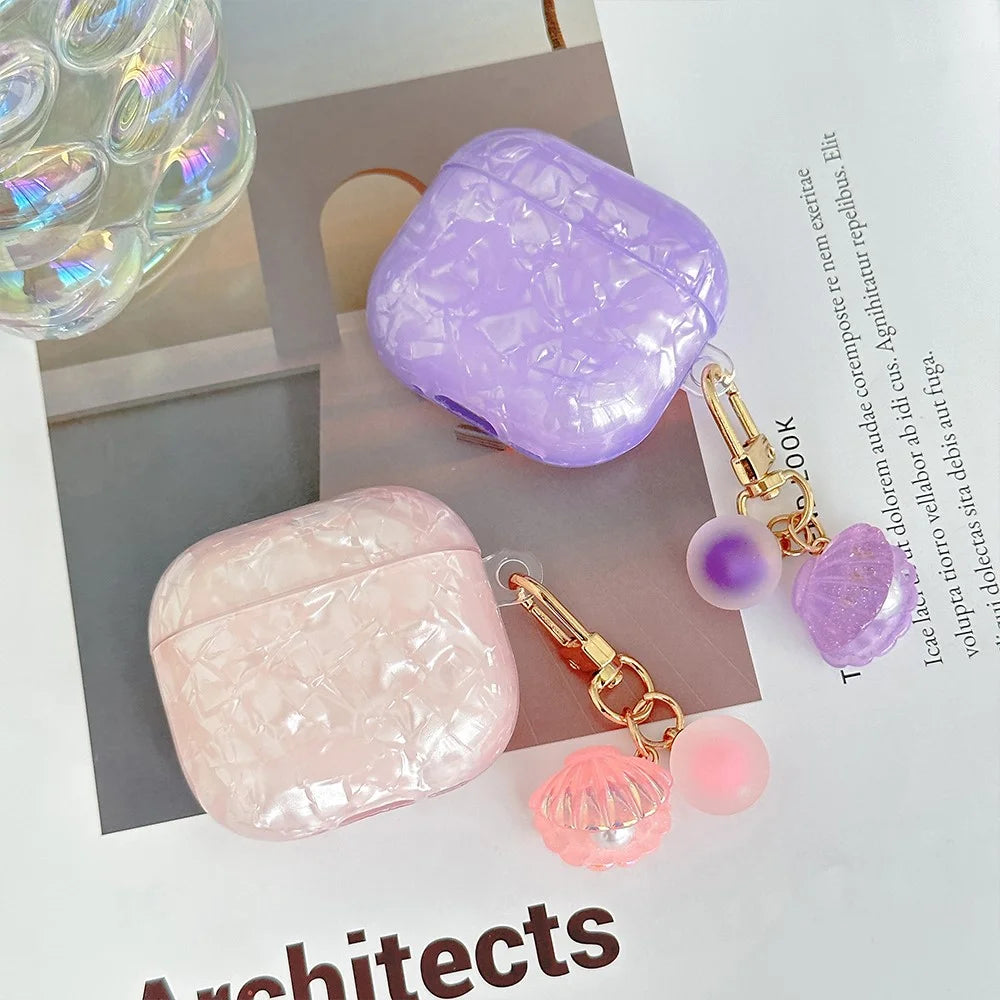 For AirPods 4 Protective Case TPU Earphone Cover with Pearl and Seashell-Shaped Charm - Blue - 3