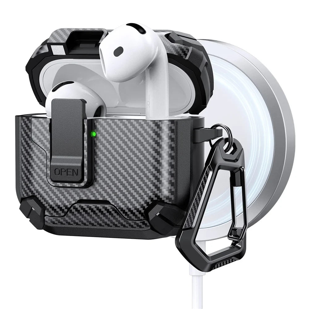 For AirPods 4 Case Canbon Fiber Texture Compatible with MagSafe TPU PC Earbuds Cover with Carabiner - Black - 1