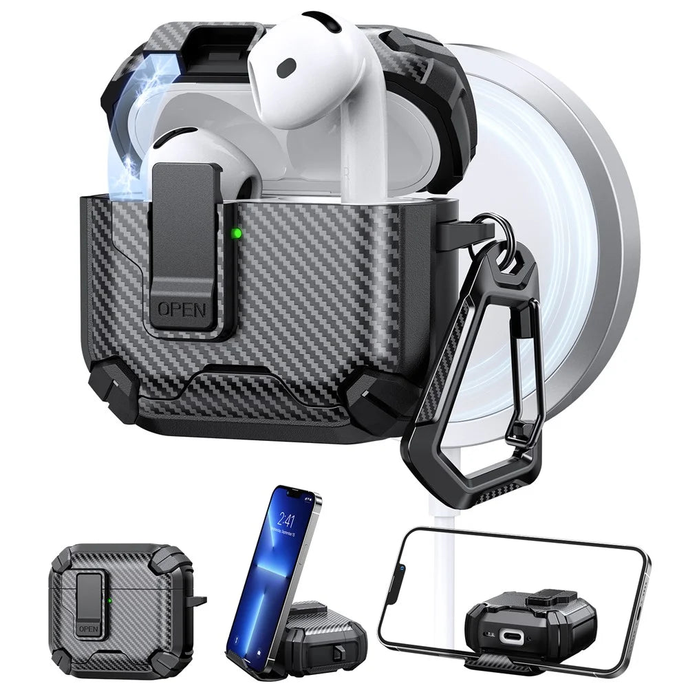 For AirPods 4 Case Canbon Fiber Texture Compatible with MagSafe TPU PC Earbuds Cover with Carabiner - Black - 2