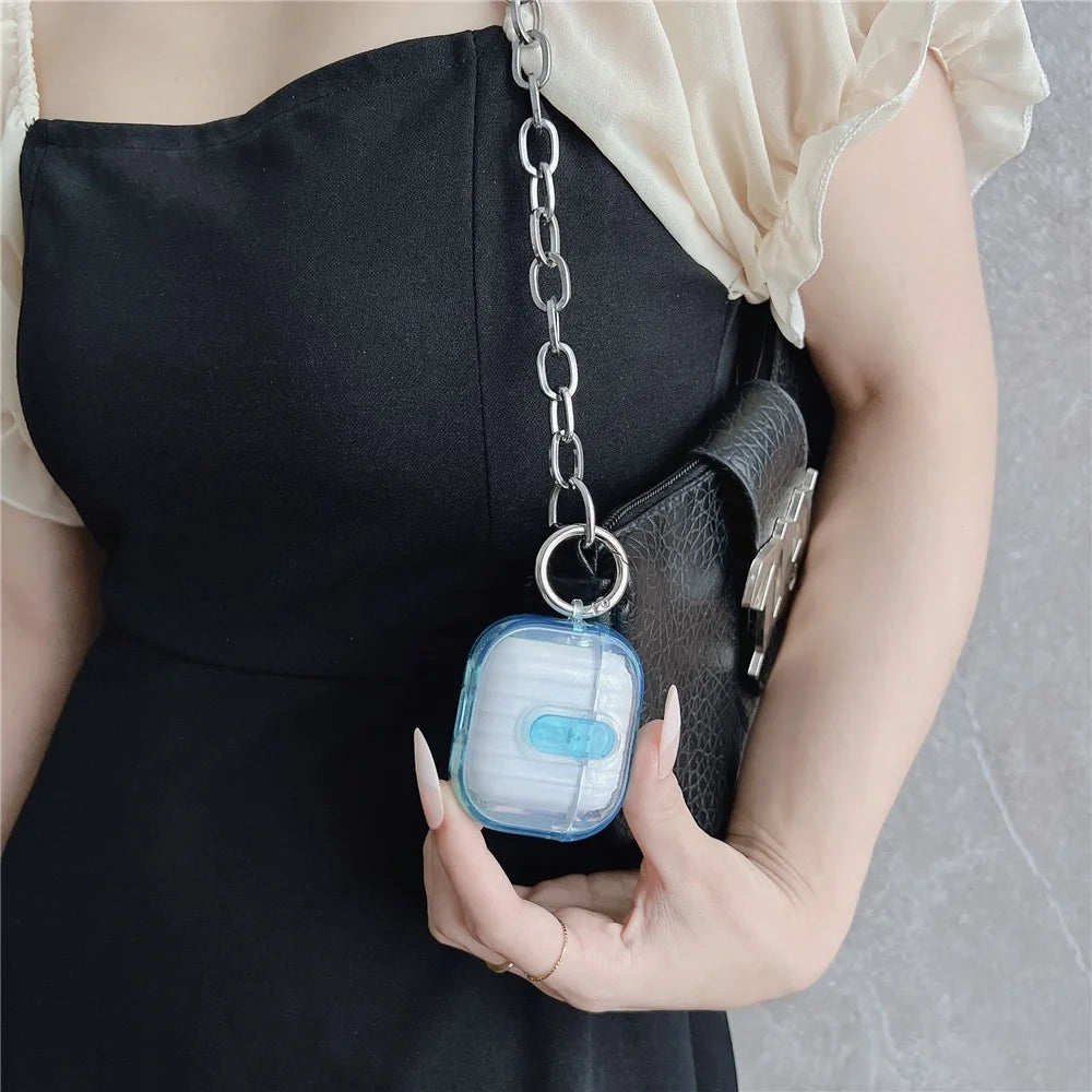 For Apple AirPods 4 Shell Texture Lock Buckle Protective Case PC TPU Earphone Cover - Transparent Blue + Transparent - 6