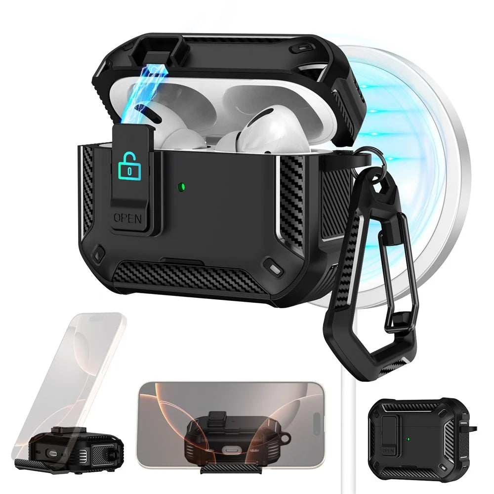 For Apple AirPods Pro Case Compatible with MagSafe TPU PC Earbuds Cover with Carabiner  /  Stand - Black  /  Green - 2