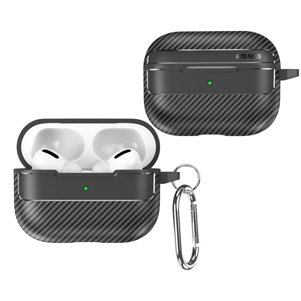 For AirPods Pro 3 Case Carbon Fiber Texture TPU Earbuds Protective Cover with Hook - Black - 1