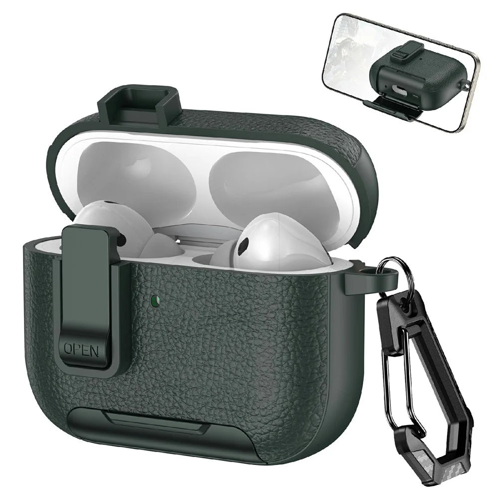 For AirPods Pro 3 Protective Case with Stand Litchi Texture TPU + PC Earphone Cover with Lock and Carabiner - Army Green - 1