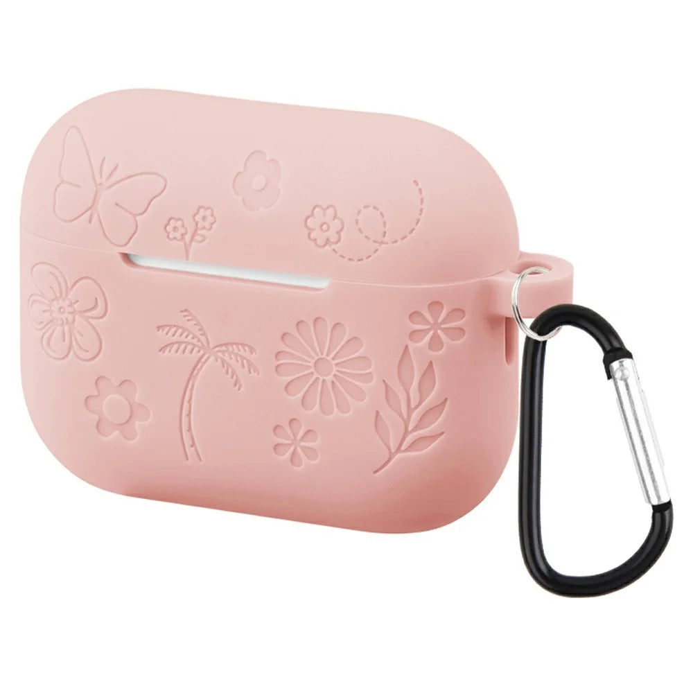 For AirPods Pro 3 Case Butterfly Pattern 2.0mm Thick Silicone Earphones Cover with Carabiner - Pink - 1