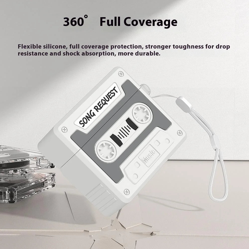 For AirPods Pro 3 Case Retro Cassette Tape Style Earphone Silicone Cover with Hand Strap - Light Grey - 4