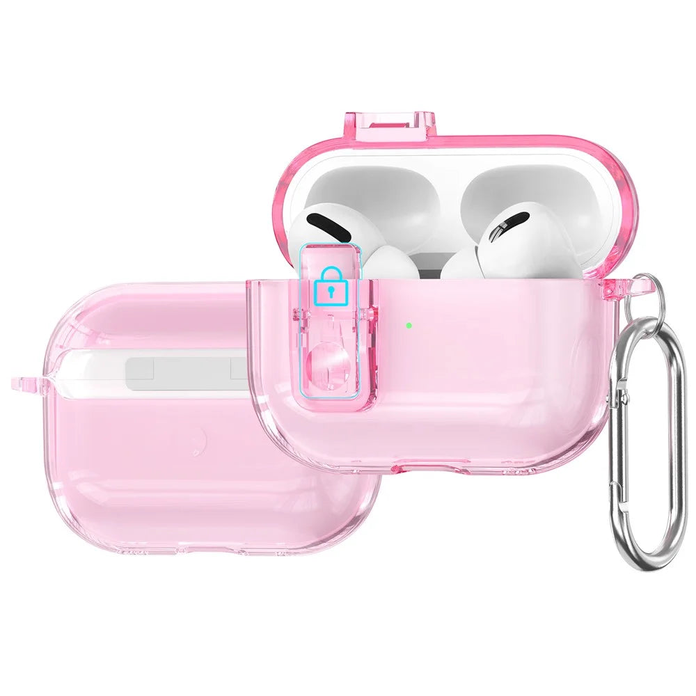 For AirPods Pro 3 Earphone Case Safety Lock Transparent TPU + PC Earbud Protective Case with Carabiner - Transparent Pink / Glitter - 1