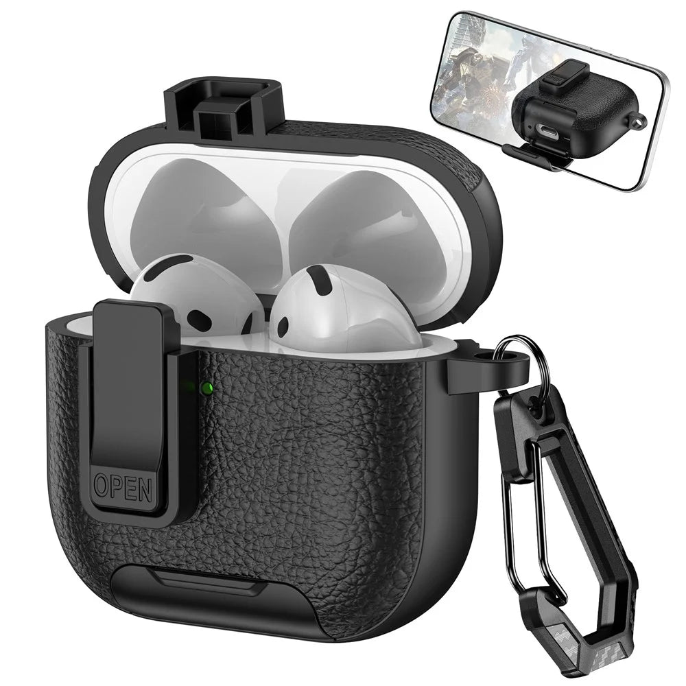 For AirPods Pro 3 Earphone Case with Phone Stand Automatic Lock PC PU Earphone Cover - All Black - 1