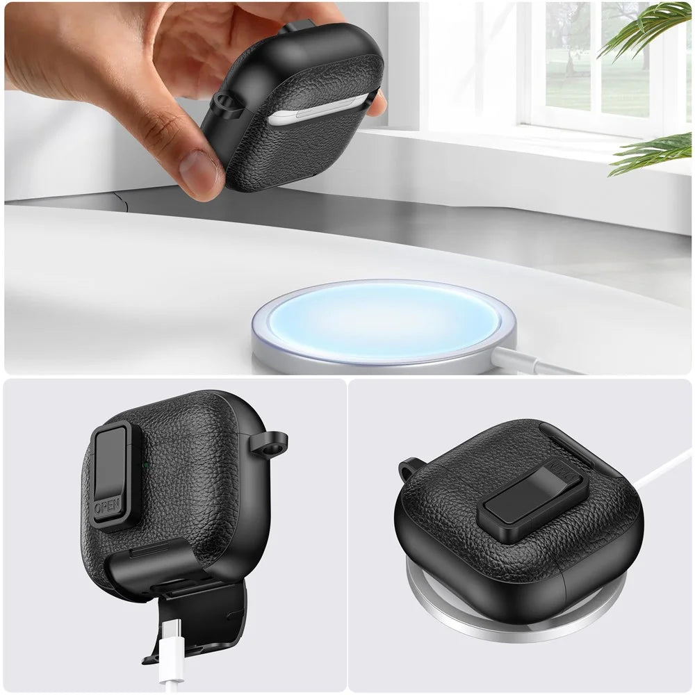 For AirPods Pro 3 Earphone Case with Phone Stand Automatic Lock PC PU Earphone Cover - All Black - 3
