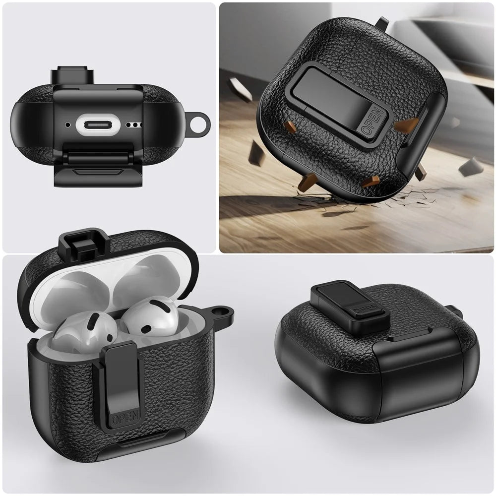 For AirPods Pro 3 Earphone Case with Phone Stand Automatic Lock PC PU Earphone Cover - All Black - 4