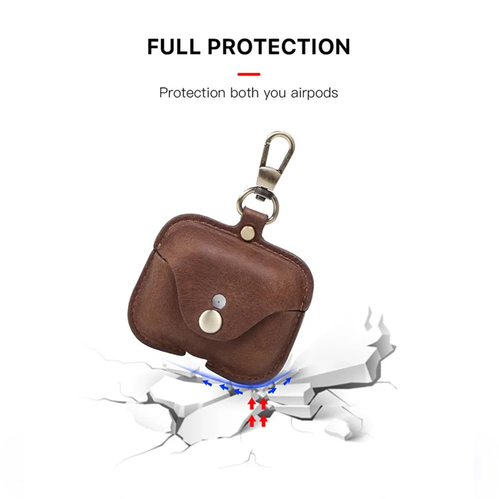 CONTACTS FAMILY Vintage Style Crazy Horse Texture Bluetooth-compatible Earphone Genuine Leather Protective Case Cover with Key Chain for Apple AirPods Pro - Coffee - 2