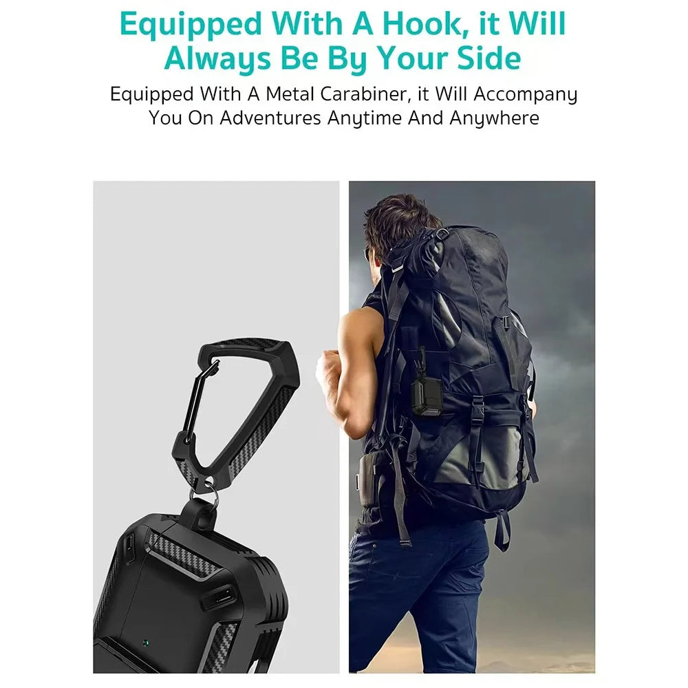 COTECI For AirPods 4 Earbud Case Carbon Fiber PC + TPU Earphone Cover with Carabiner - Black - 3