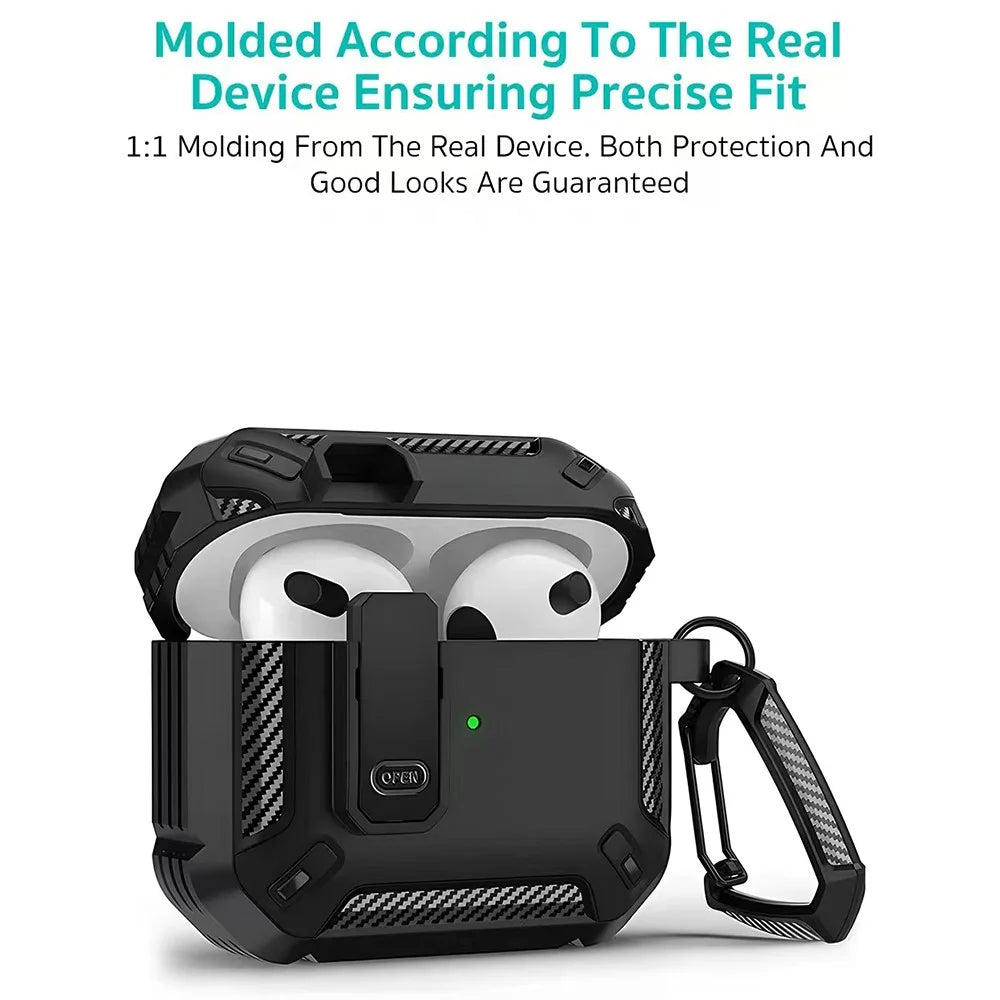 COTECI For AirPods 4 Earbud Case Carbon Fiber PC + TPU Earphone Cover with Carabiner - Black - 5